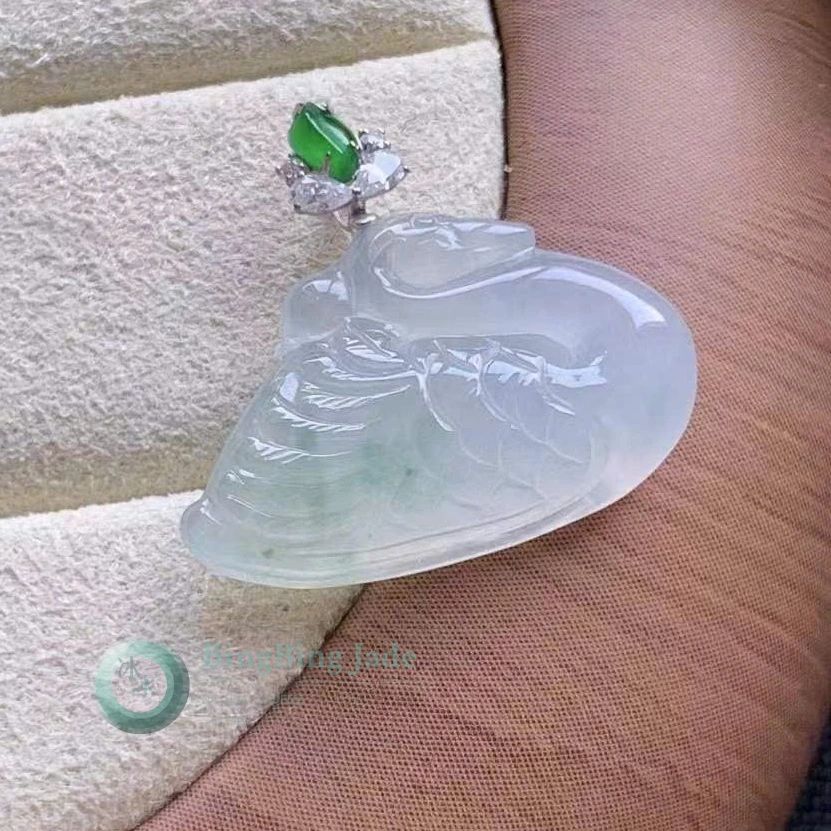 Swan Grace Pendant — Pale Floral Translucent Jadeite with Emerald Accent