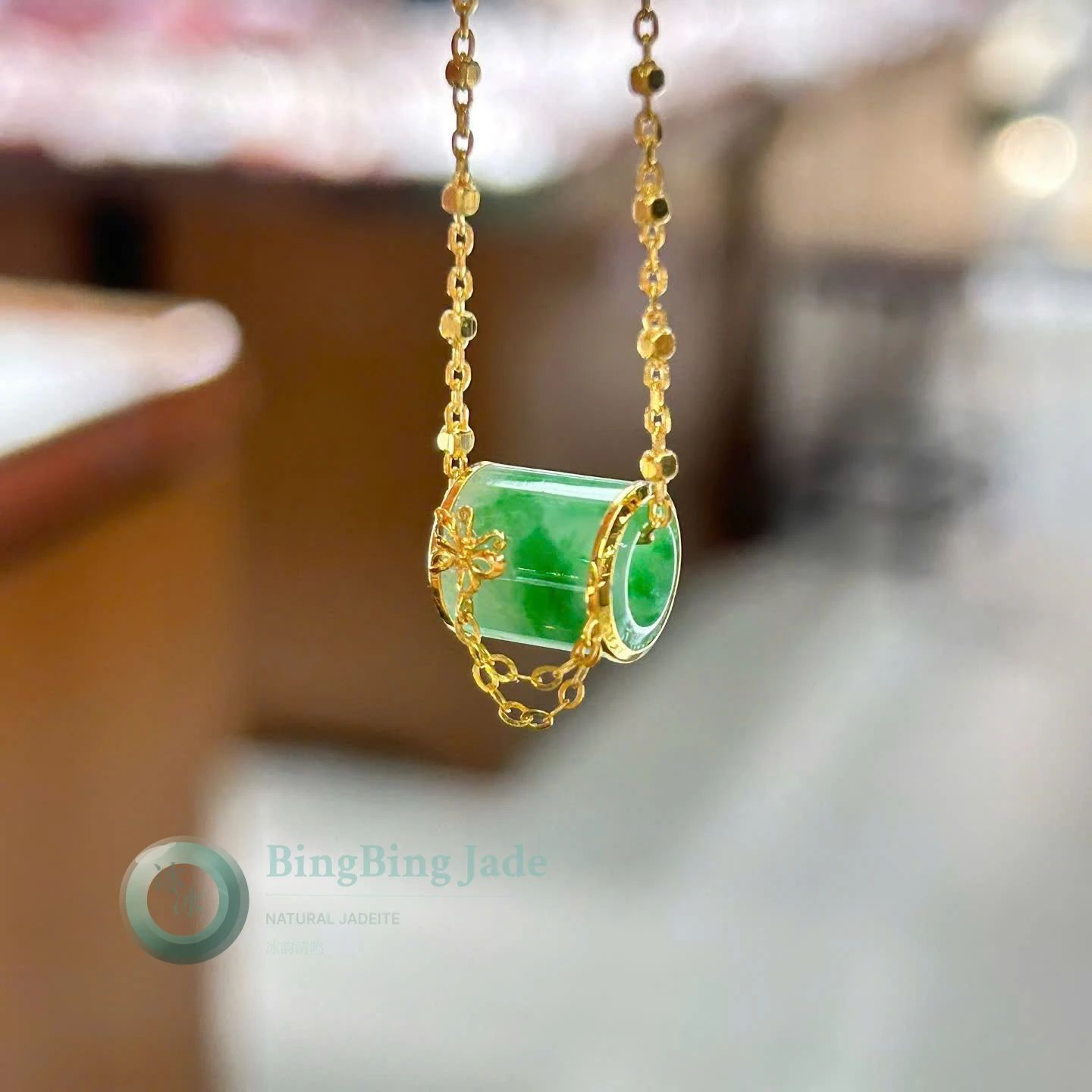 Floating Emerald Lu Tong Pendant — Translucent Green Cylinder on 18K Gold Chain