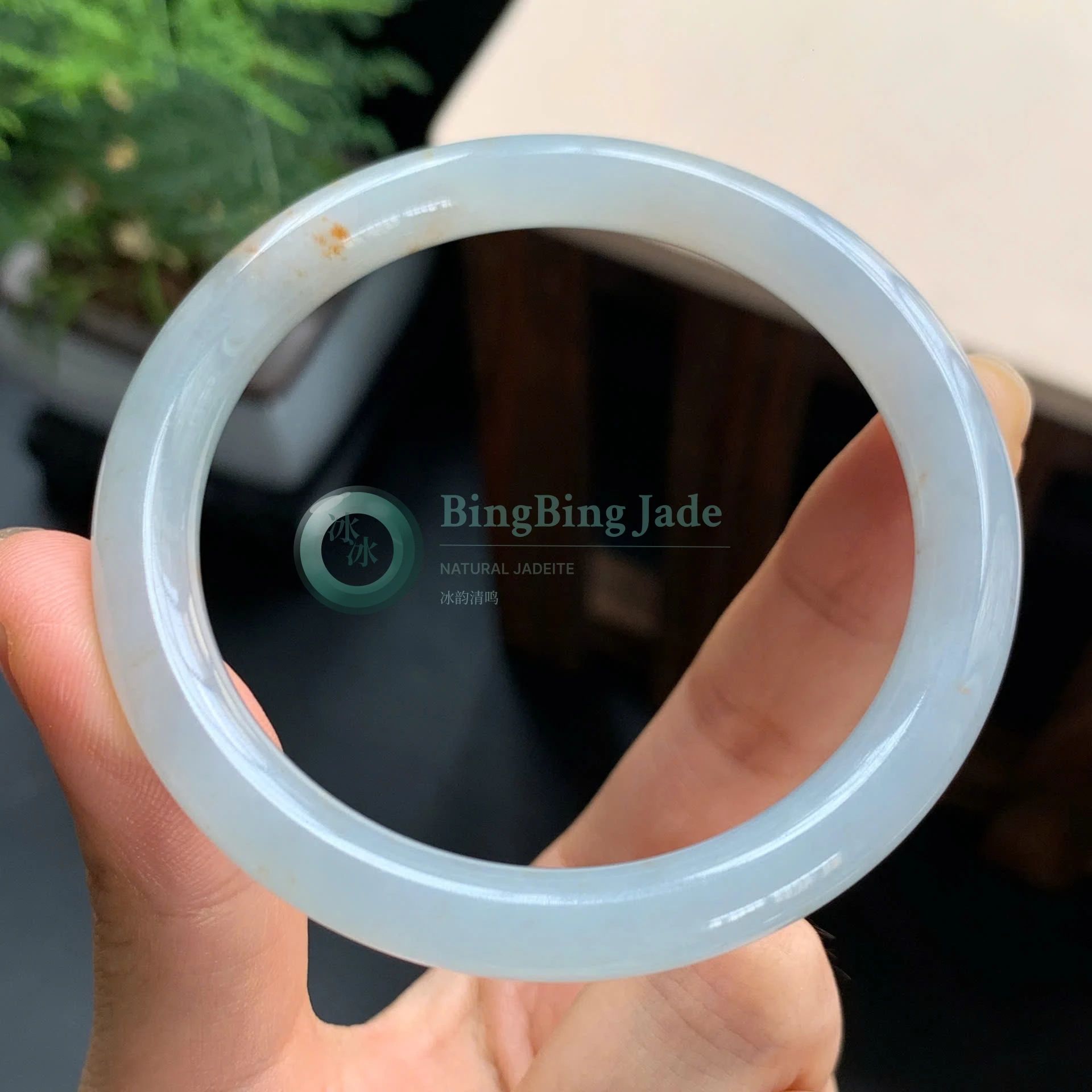 Icy Pale Blue Jadeite Bangle 54mm — Soft Glacial Glow with Amber Kiss