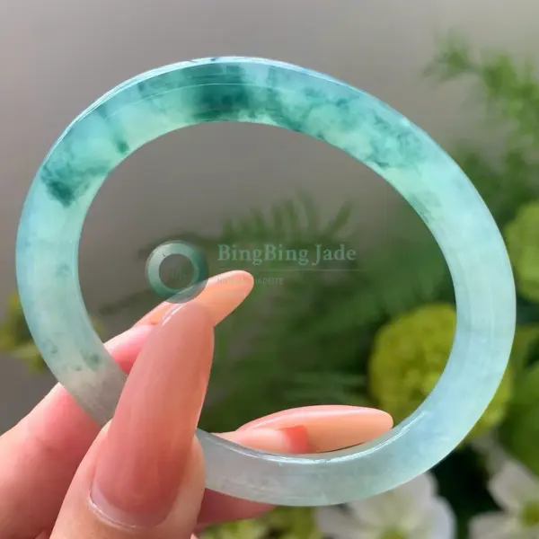 Icy Aqua Bangle with Floating Emerald Clouds 53.8mm
