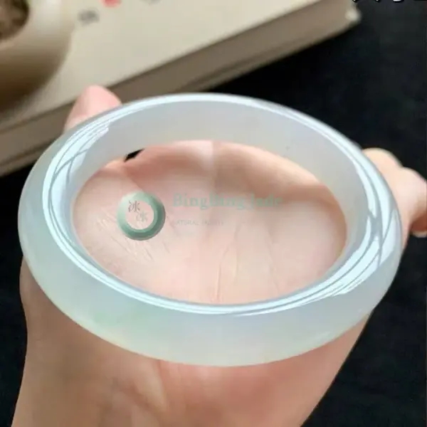 Icy White Jelly Round-Bar Bangle 53mm — Soft Green Drift
