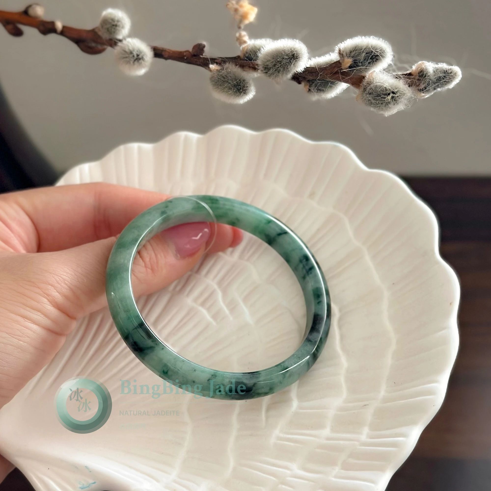 Forest Drift Jadeite Bangle 53mm — Deep Emerald Veils on Soft Green
