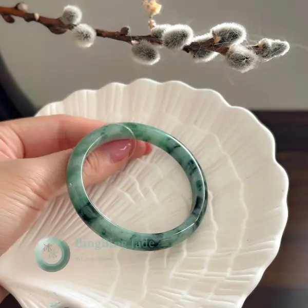 Forest Drift Jadeite Bangle 53mm — Deep Emerald Veils on Soft Green