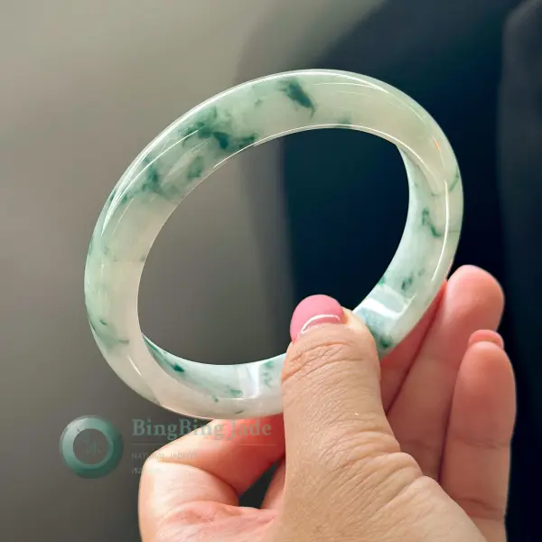 Pale Spring Waters with Floating Emerald Clusters — Jadeite Bangle 62mm