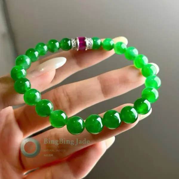 Vivid Imperial Green Icy Jadeite Bead Bracelet with Ruby Accent