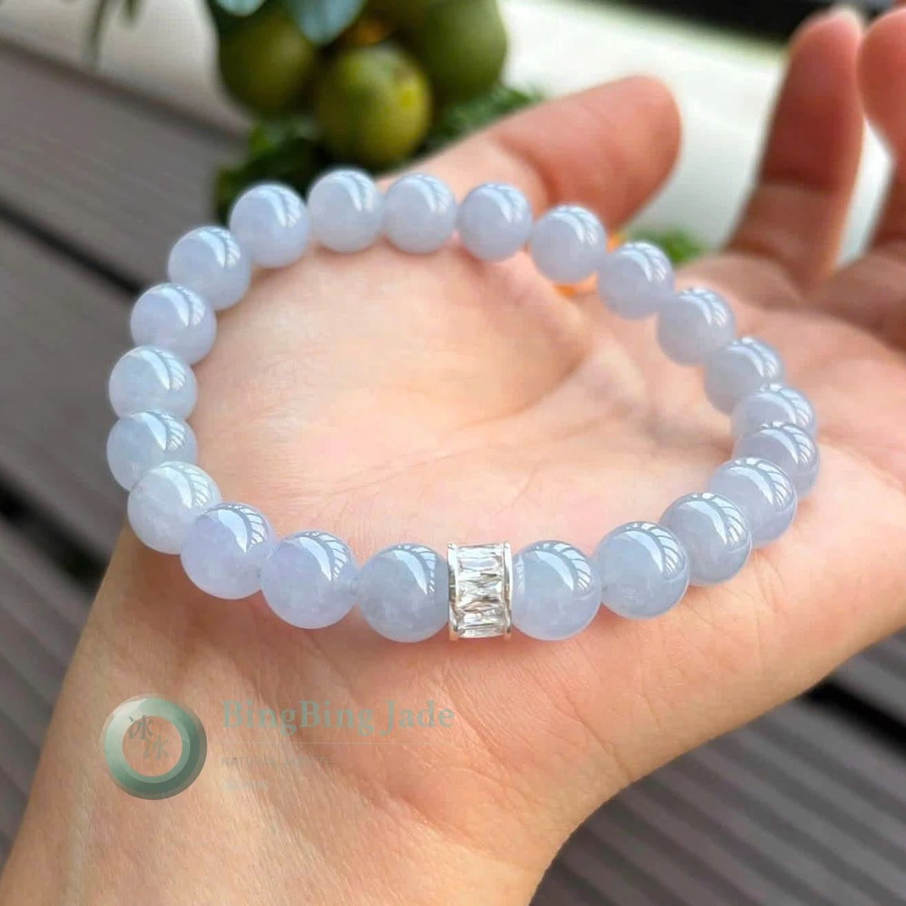 Icy Glutinous Lavender Jadeite Bracelet — Soft Violet Glow with Crystal Spacer