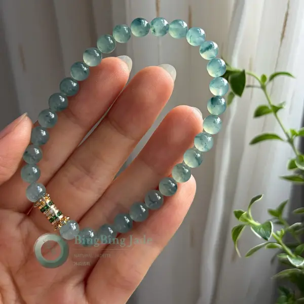 Icy Blue Marbled Jadeite Bracelet — Soft Aqua with Floating Wisps
