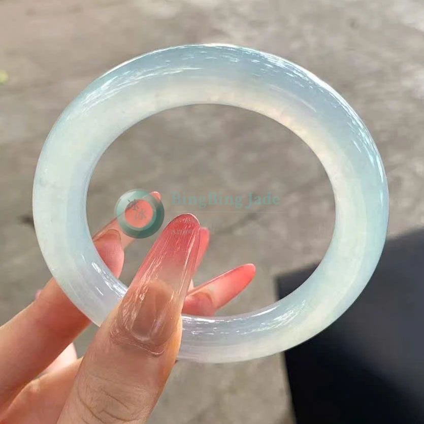 Icy Luminous White Bangle 53mm — Frozen Dewdrop with Sky-Blue Veil