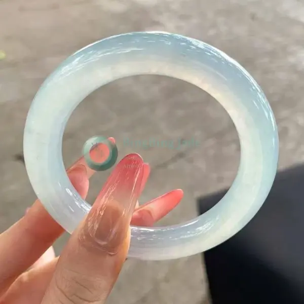 Icy Luminous White Bangle 53mm — Frozen Dewdrop with Sky-Blue Veil
