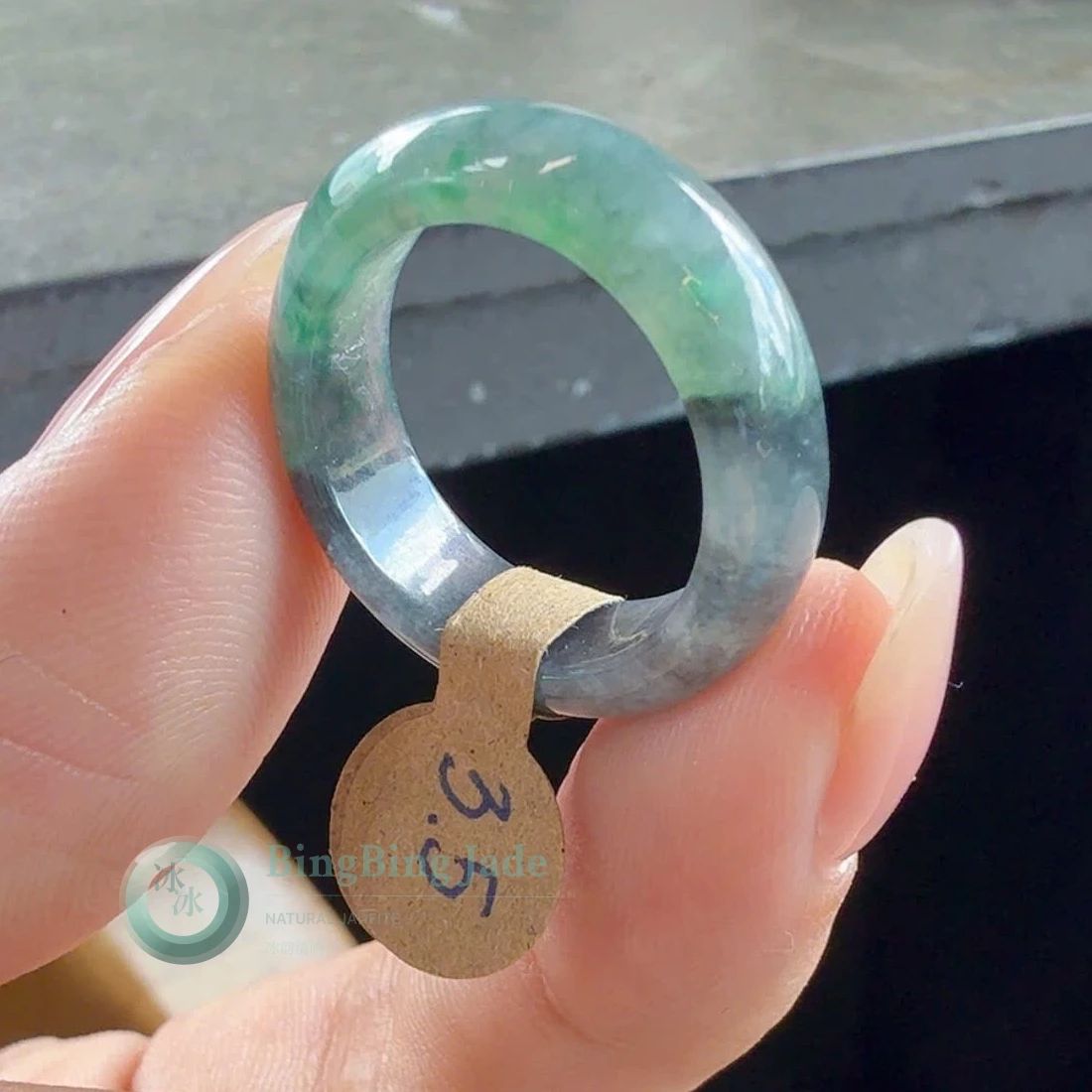 Icy Dual-Tone Jadeite Ring — Floating Emerald & Ink Marbling