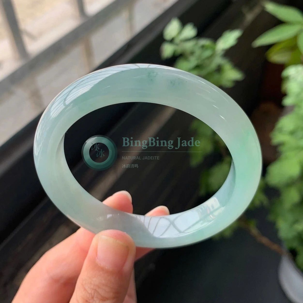 Icy Blue-Green Jelly Bangle 54mm — Soft Aqua Glow with Fine Grain
