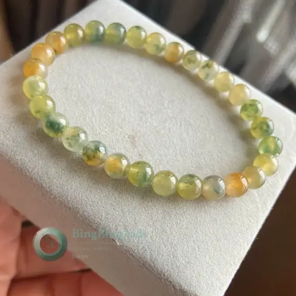 Icy Citrus Marbling with Floating Moss — Jadeite Bead Bracelet 6mm