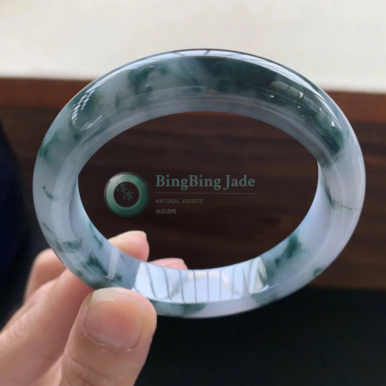 Glazed Blue with Floating Emerald Wisps Bangle 53mm