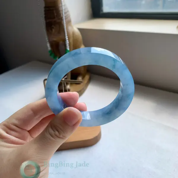 Icy Blue Monet Jadeite Bangle — Floating Watercolor Haze