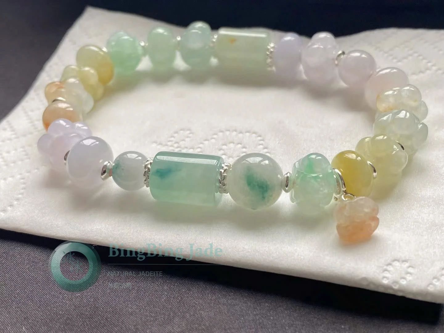 Spring Hasn't Passed — Icy Multi-Color Jadeite Bead Bracelet with Lotus Carvings