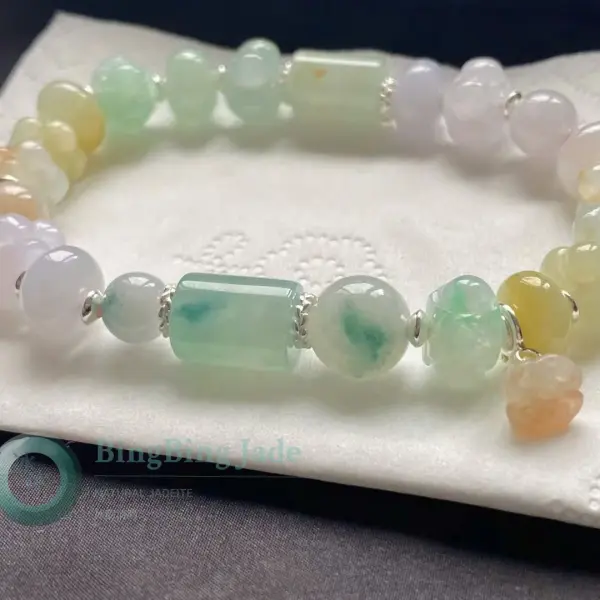 Spring Hasn't Passed — Icy Multi-Color Jadeite Bead Bracelet with Lotus Carvings
