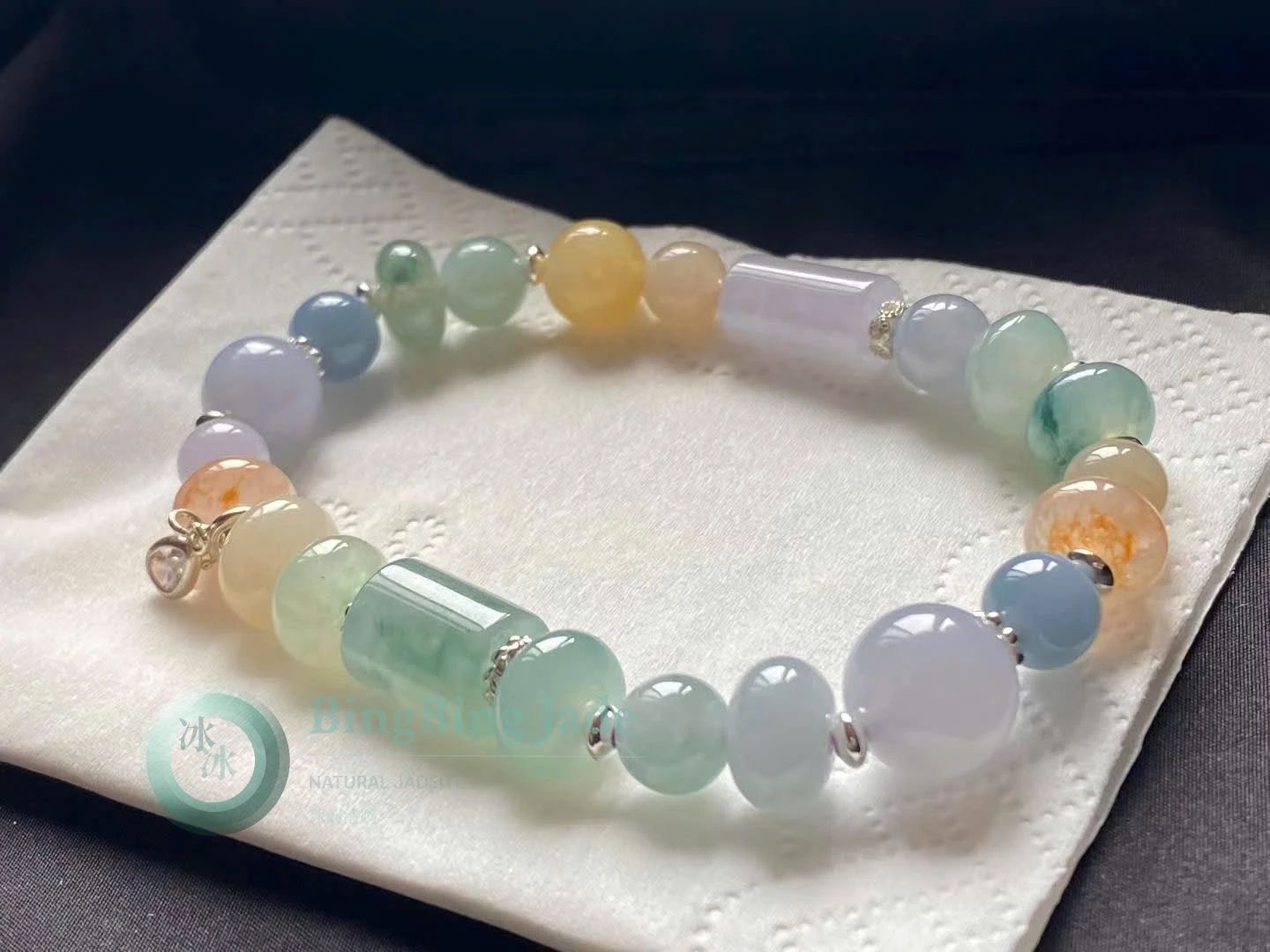 Spring Palette Icy Glutinous Multi-Color Jadeite Bracelet — Lavender, Green & Sunset Orange
