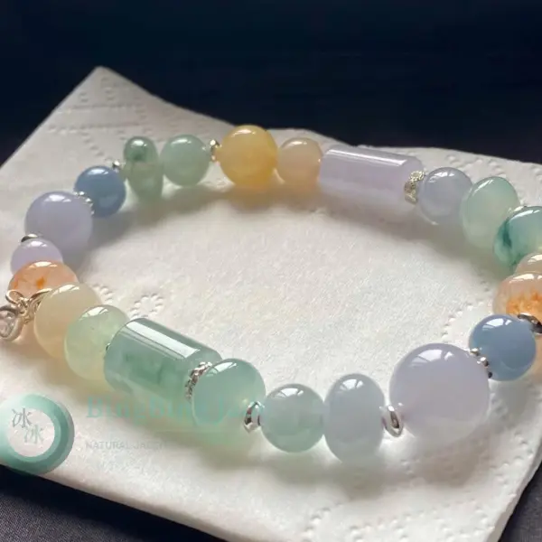 Spring Palette Icy Glutinous Multi-Color Jadeite Bracelet — Lavender, Green & Sunset Orange