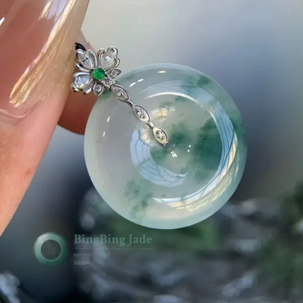 Icy Floating Moss Ping An Kou Pendant — Crystal Water with Emerald Drift