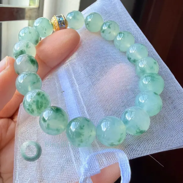 Icy Floating Blossom Jadeite Bracelet 10mm — Soft Green Marbling with 18K Gold Charm