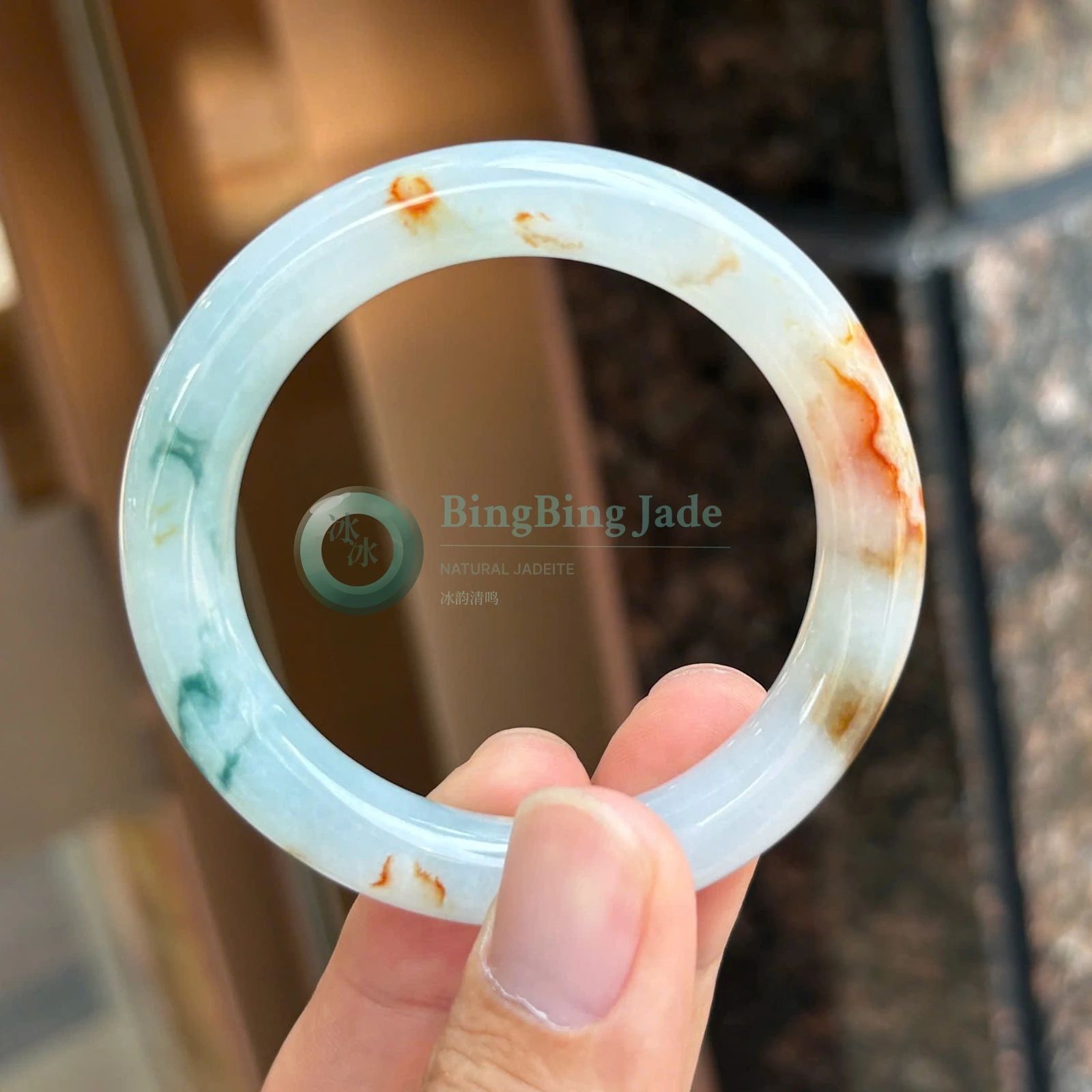 Warm Autumn Marbling on Soft Glutinous White Jadeite Bangle