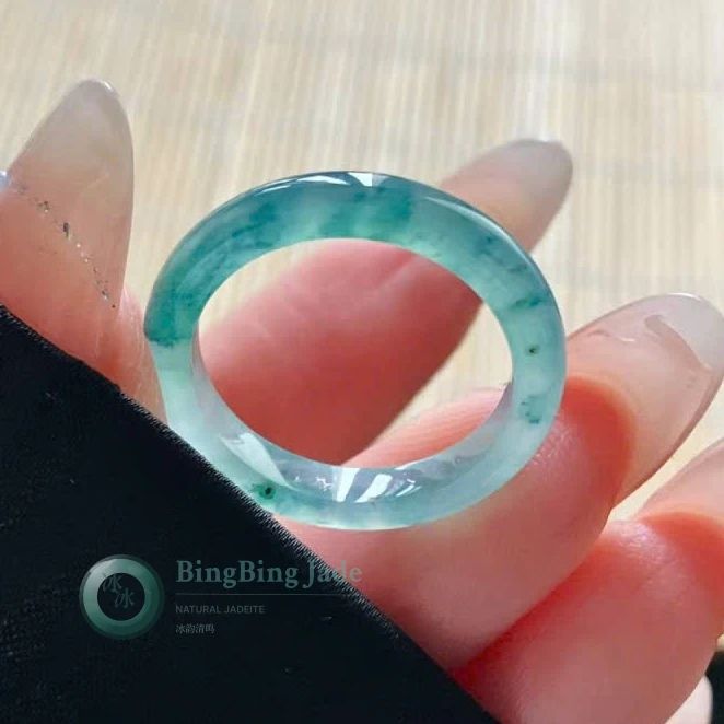 Icy Blue-Green Floating Flora Jadeite Ring