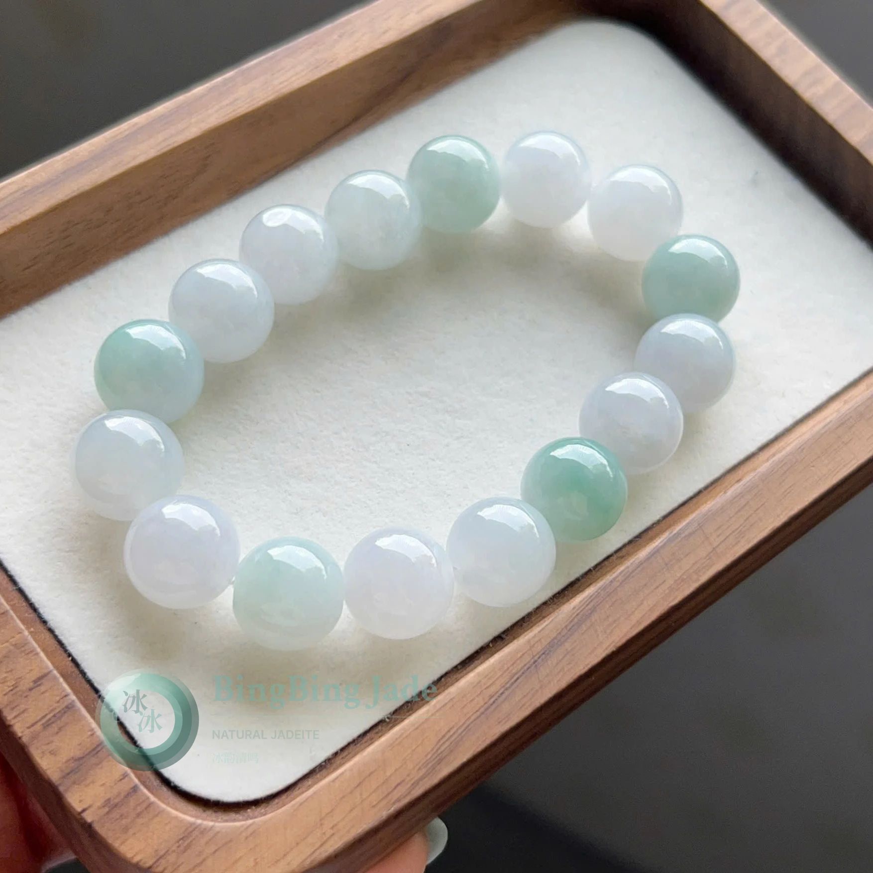 Soft Mint & Moonstone Glow Jadeite Bead Bracelet 12.4mm