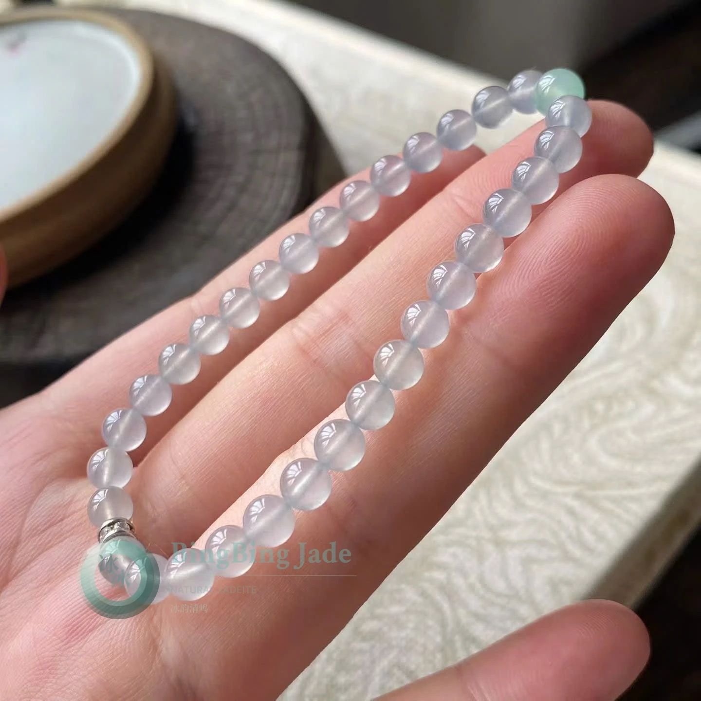 Icy Moonlight Undertone Jadeite Bracelet — 5mm Beads with Green Accent