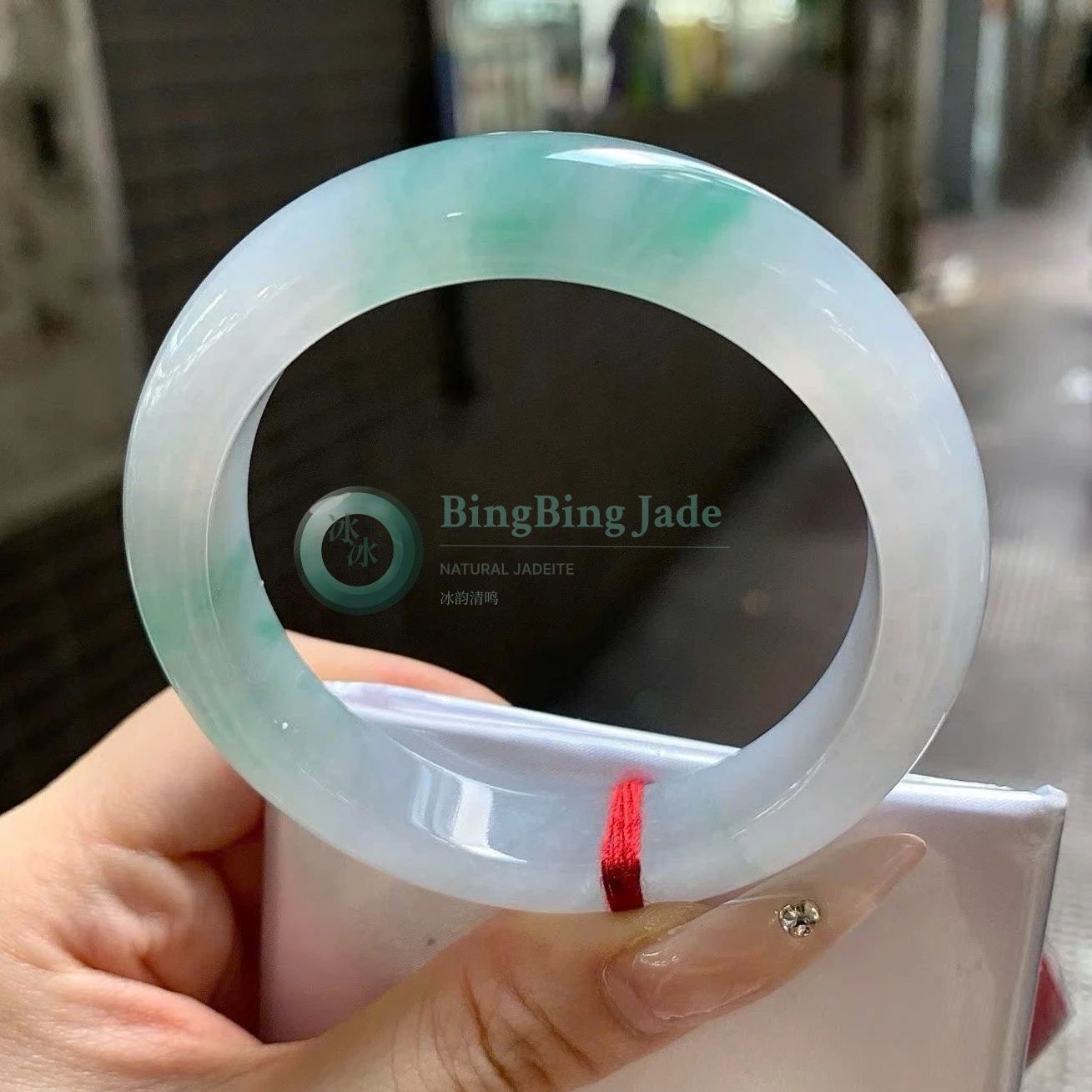 Icy Floating Blossom Bangle 51.7mm — White Jelly with Drifting Green