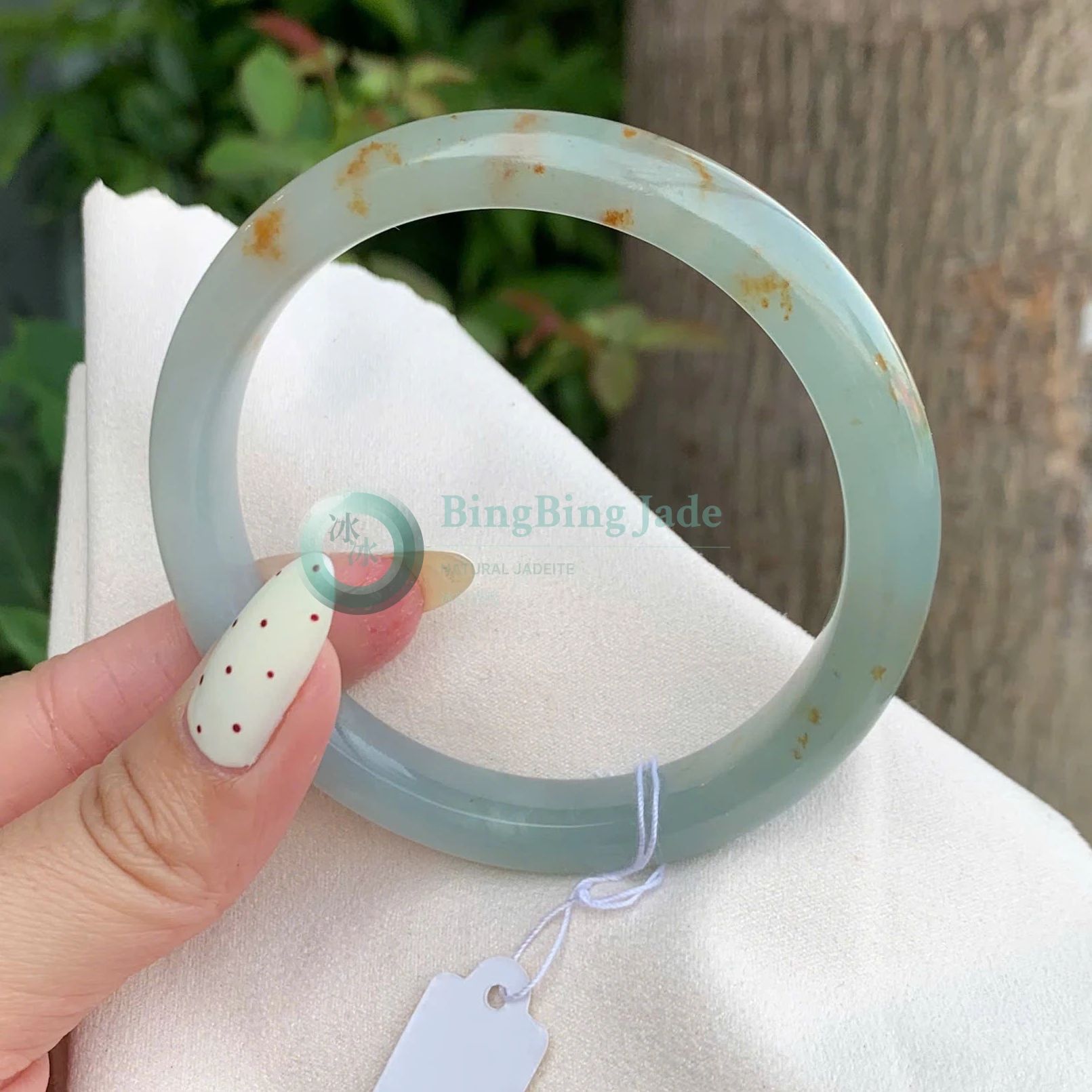 Pale Celadon with Golden Russet Kisses — Jadeite Bangle 57mm