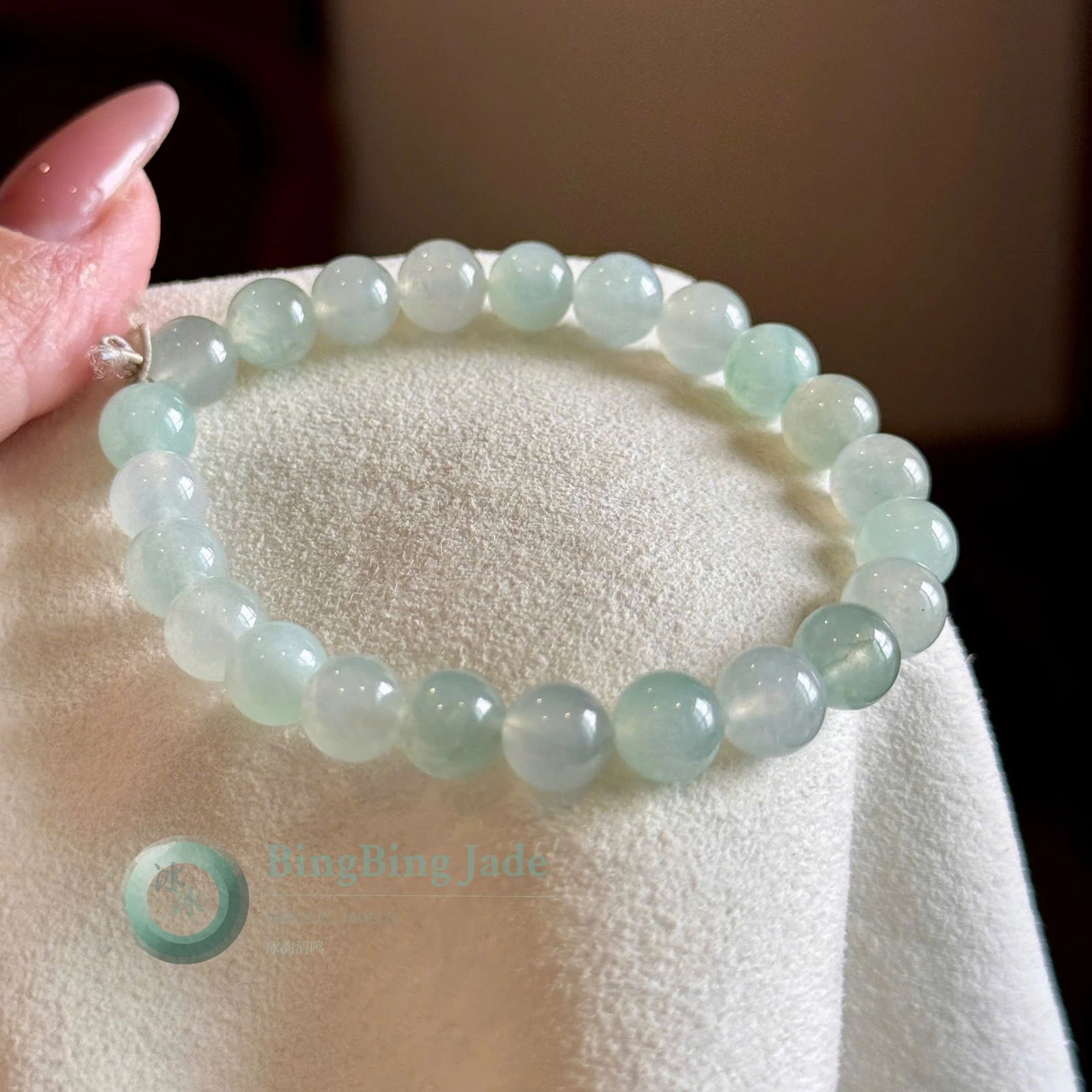 Icy Aqua Glow Jadeite Bead Bracelet — Soft Floating Greens on Translucent Ice