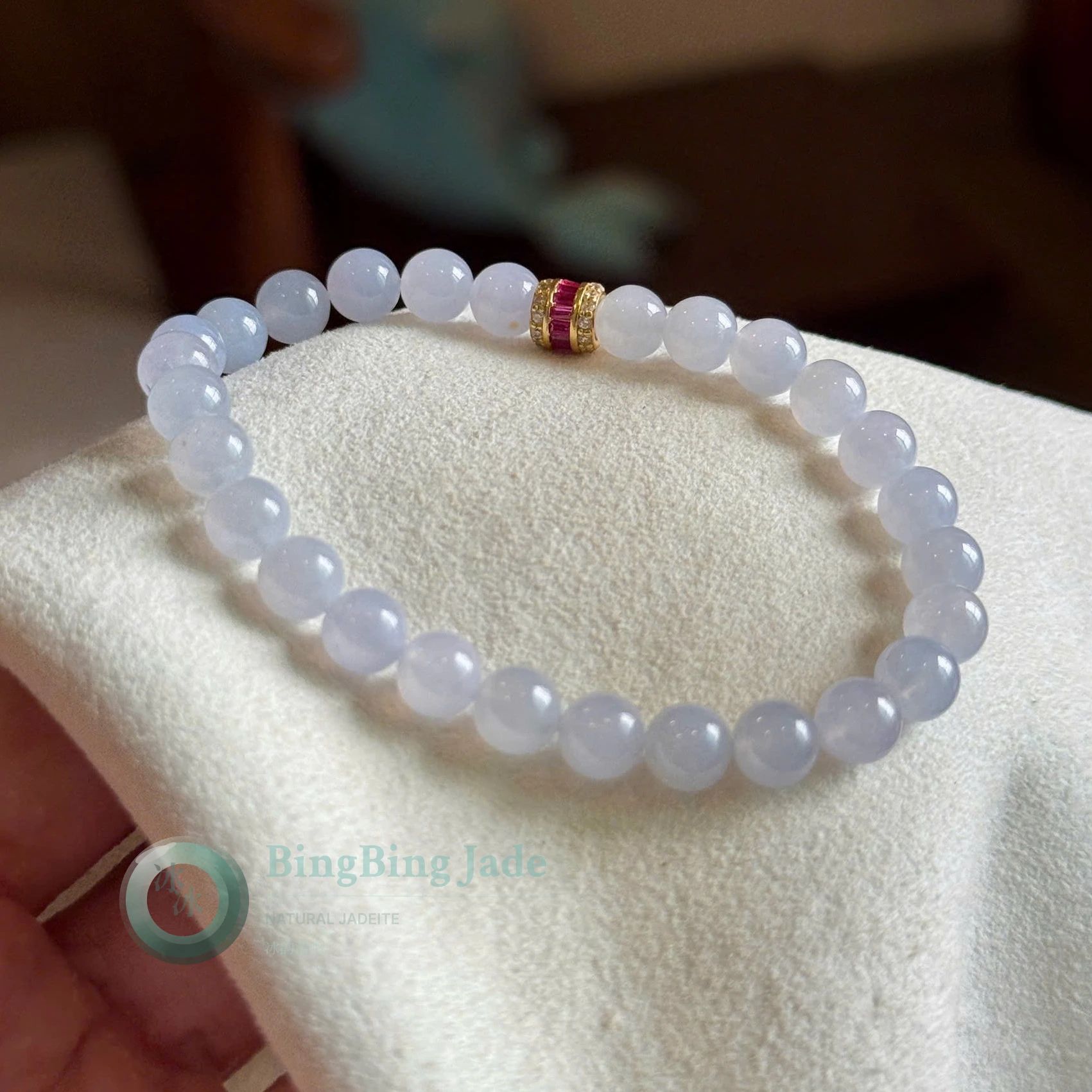 Icy Moonlight Beaded Bracelet with Ruby-Set Gold Charm