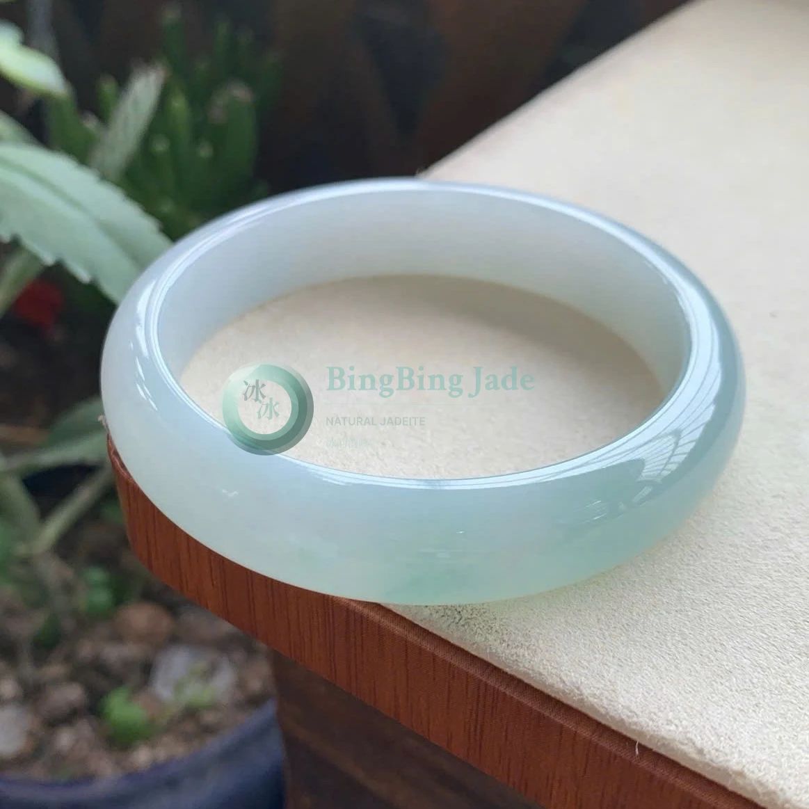 Soft Glacier Blue Jadeite Bangle 58mm — Quiet Glow with Floating Green Whisper