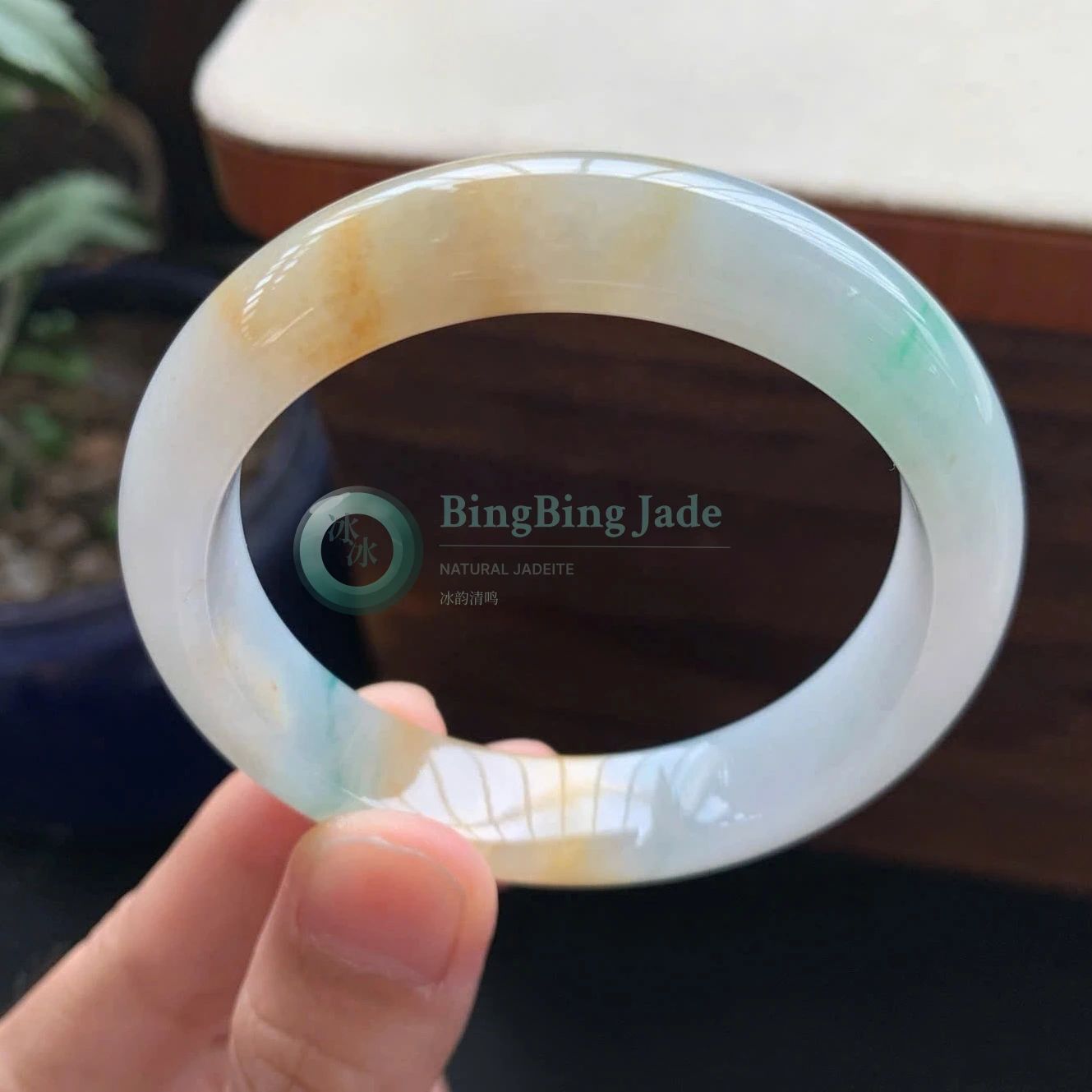 Tri-Color Sunrise Glow Jadeite Bangle — Amber, Green & Snow 52mm