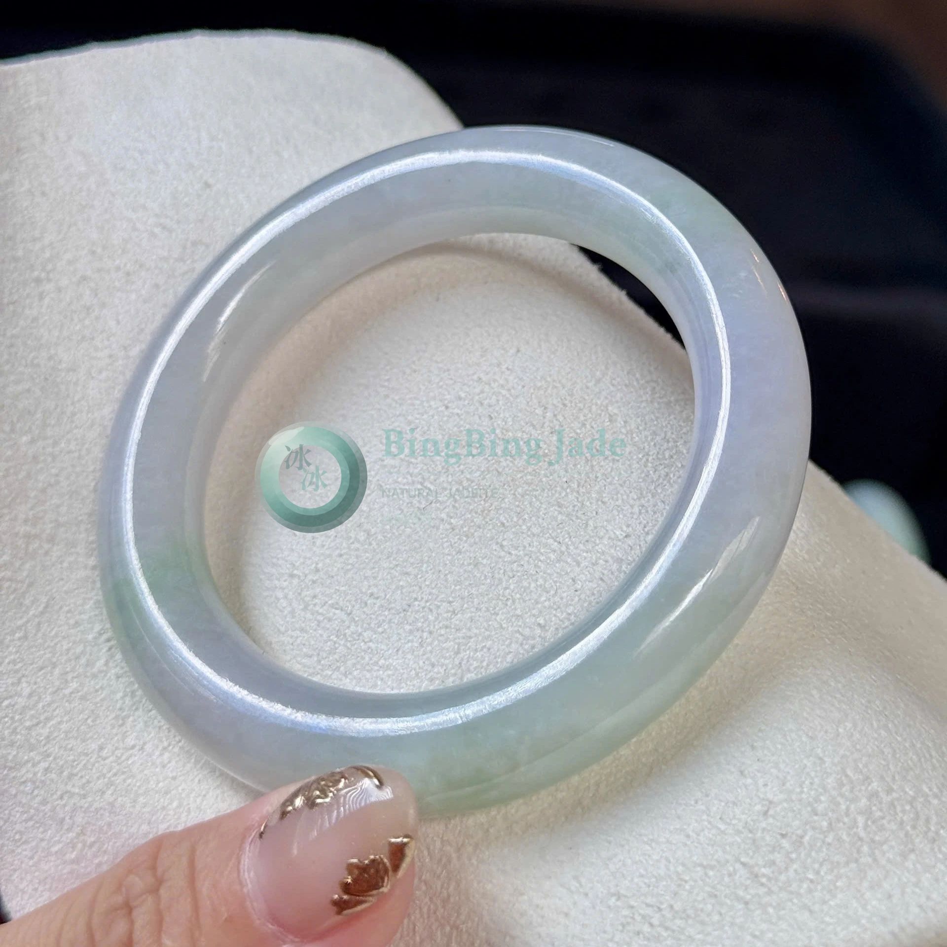 Pastel Spring Icy Glutinous Bangle 51mm — Soft Moonlight Undertone with Floating Green