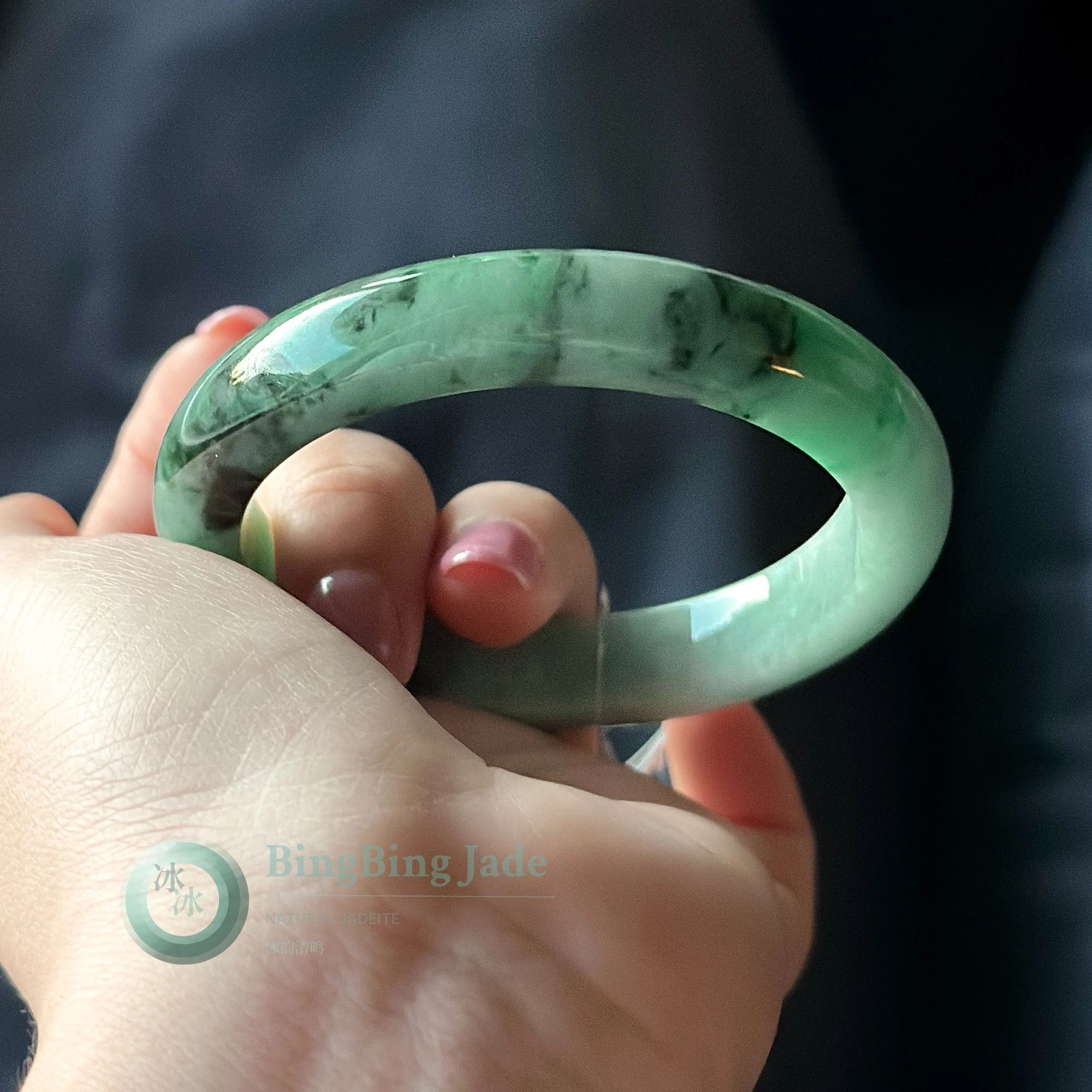 Emerald Mist with Ink Blossoms — Jadeite Bangle 58mm