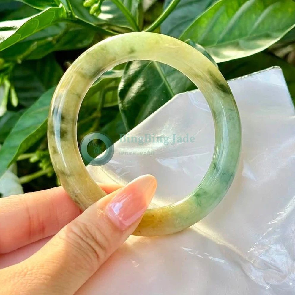 Golden Blossom on Green Jadeite Bangle 54.7mm