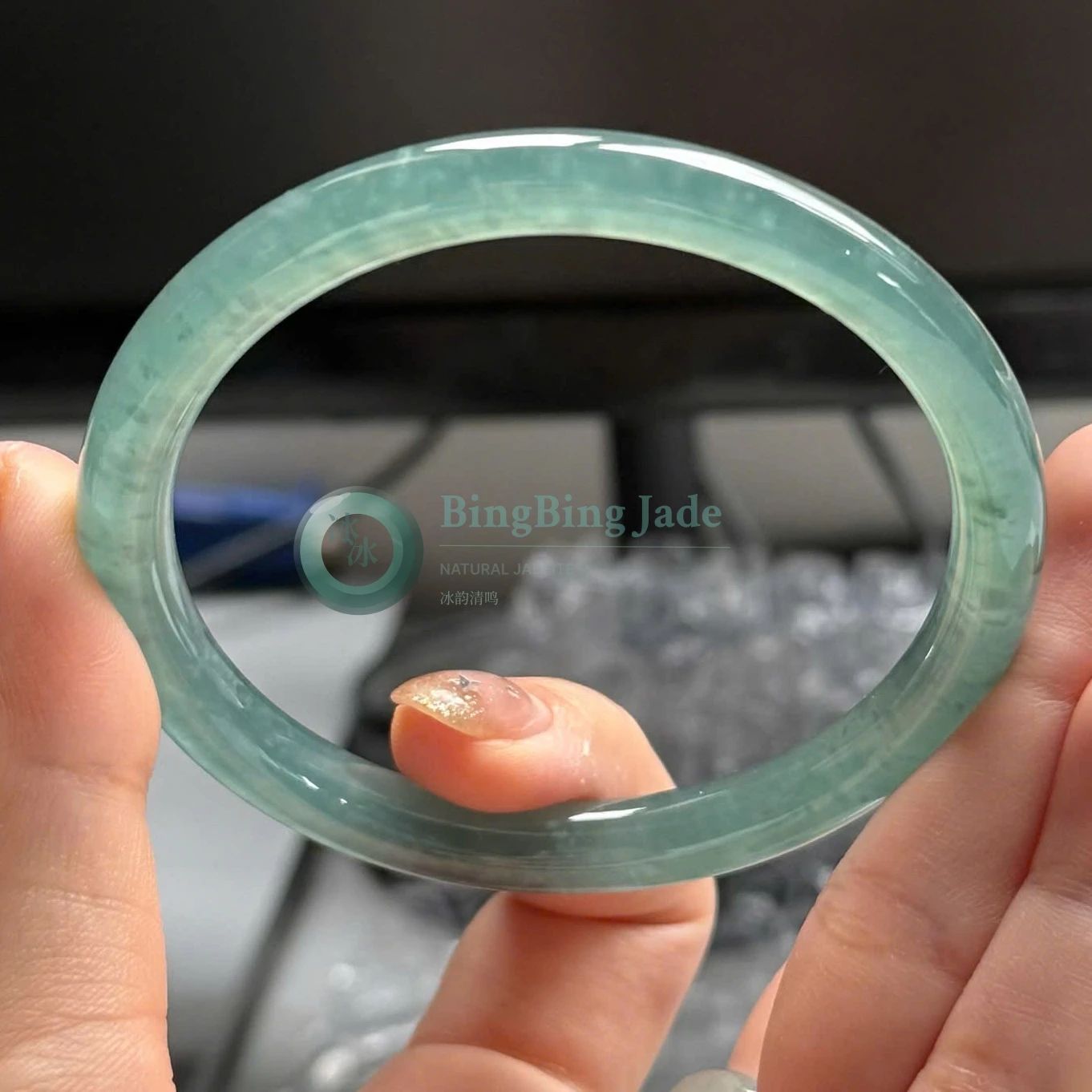 Icy Seafoam Jelly Bangle 57.5mm — Quiet Aqua with Soft Cloud Veiling