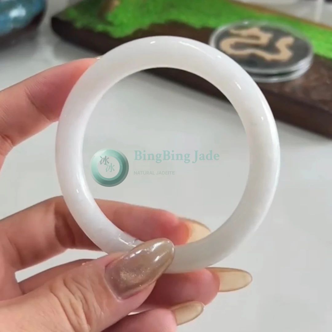 Porcelain White Glutinous Jadeite Bangle 52mm — Pure Snow Warmth