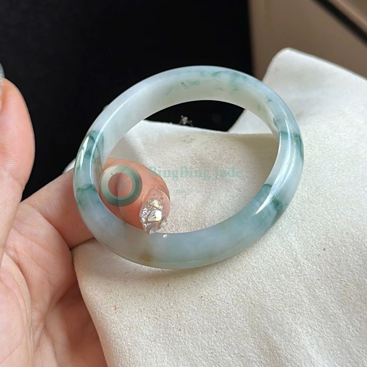Floating Blossom Jade Bangle 53.6mm — Soft Translucent Base with Drifting Green Veins