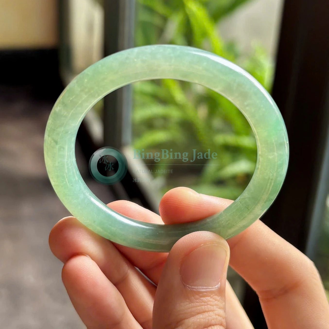 Icy Glutinous Oily Blue-Green Glazed Jadeite Bangle 53mm — Dewy Jelly Finish