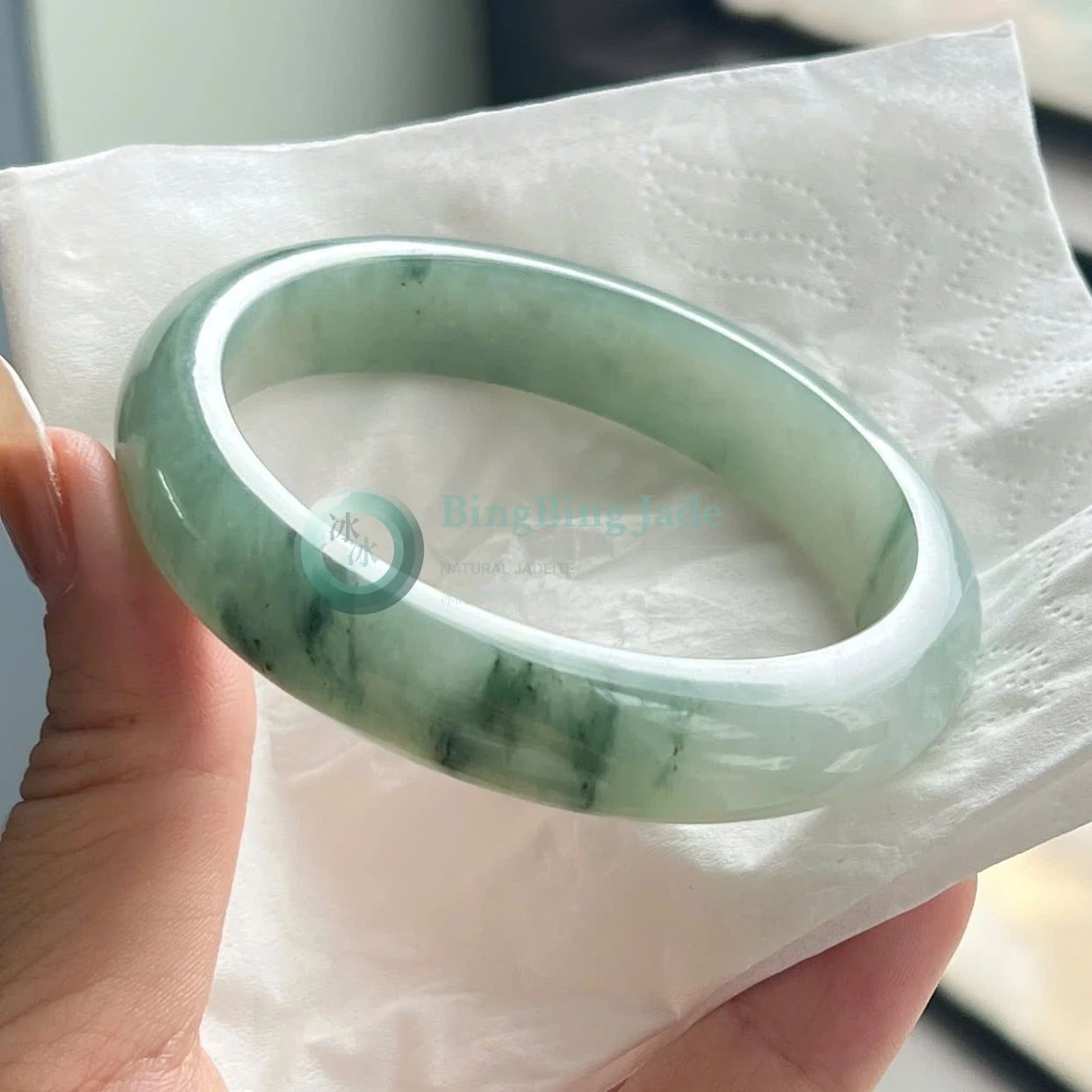 Soft Jade Waters with Floating Moss — Jadeite Bangle 56mm