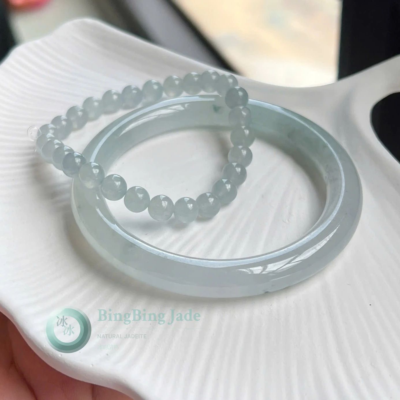 Icy Pale Blue Luminous Set — Bangle & Bead Bracelet 55mm