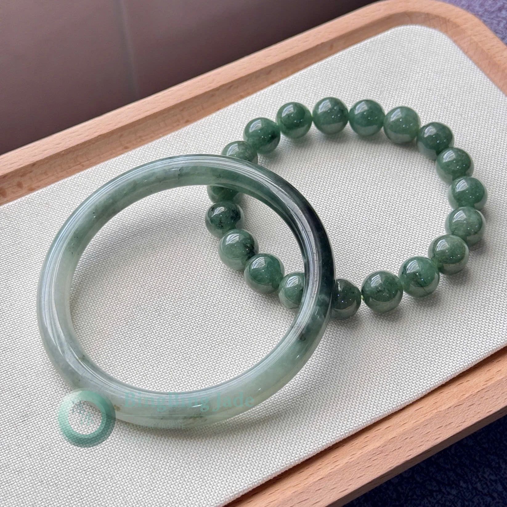 Oil Green Shanshui Jadeite Bangle & Bead Bracelet Set — 57.5mm