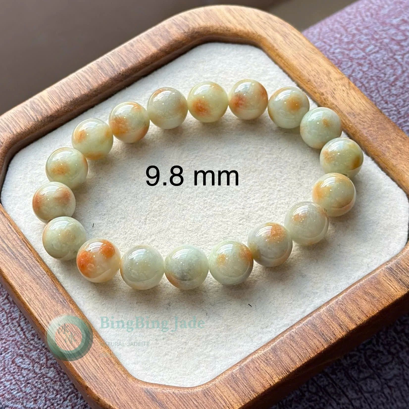 Koi Sunstone Jade Bead Bracelet 9.8mm — Warm Amber Drift on Celadon