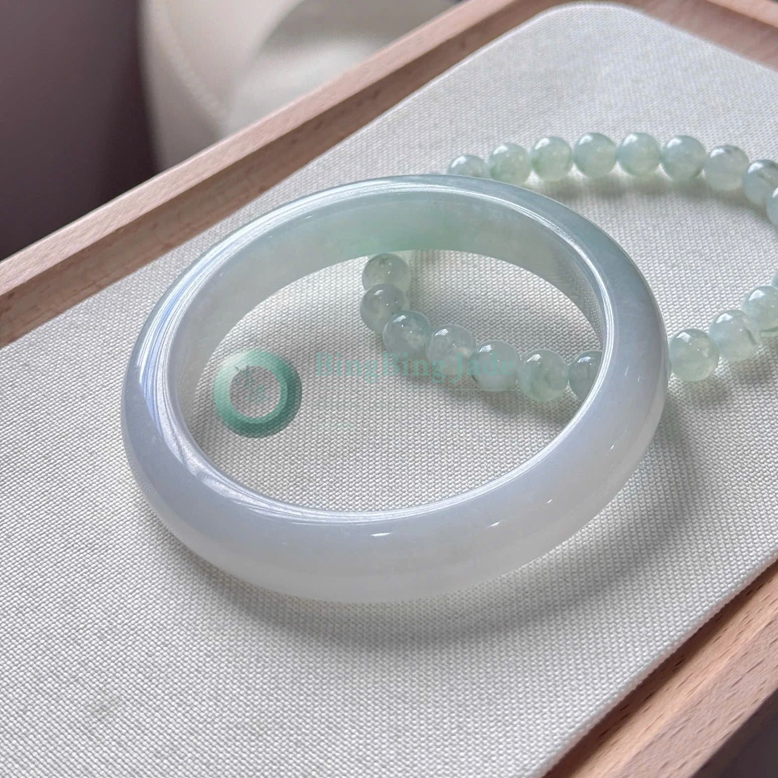 Icy Glutinous Glacier Blue-Green Jadeite Bangle 55mm — Misty Mountain Waters