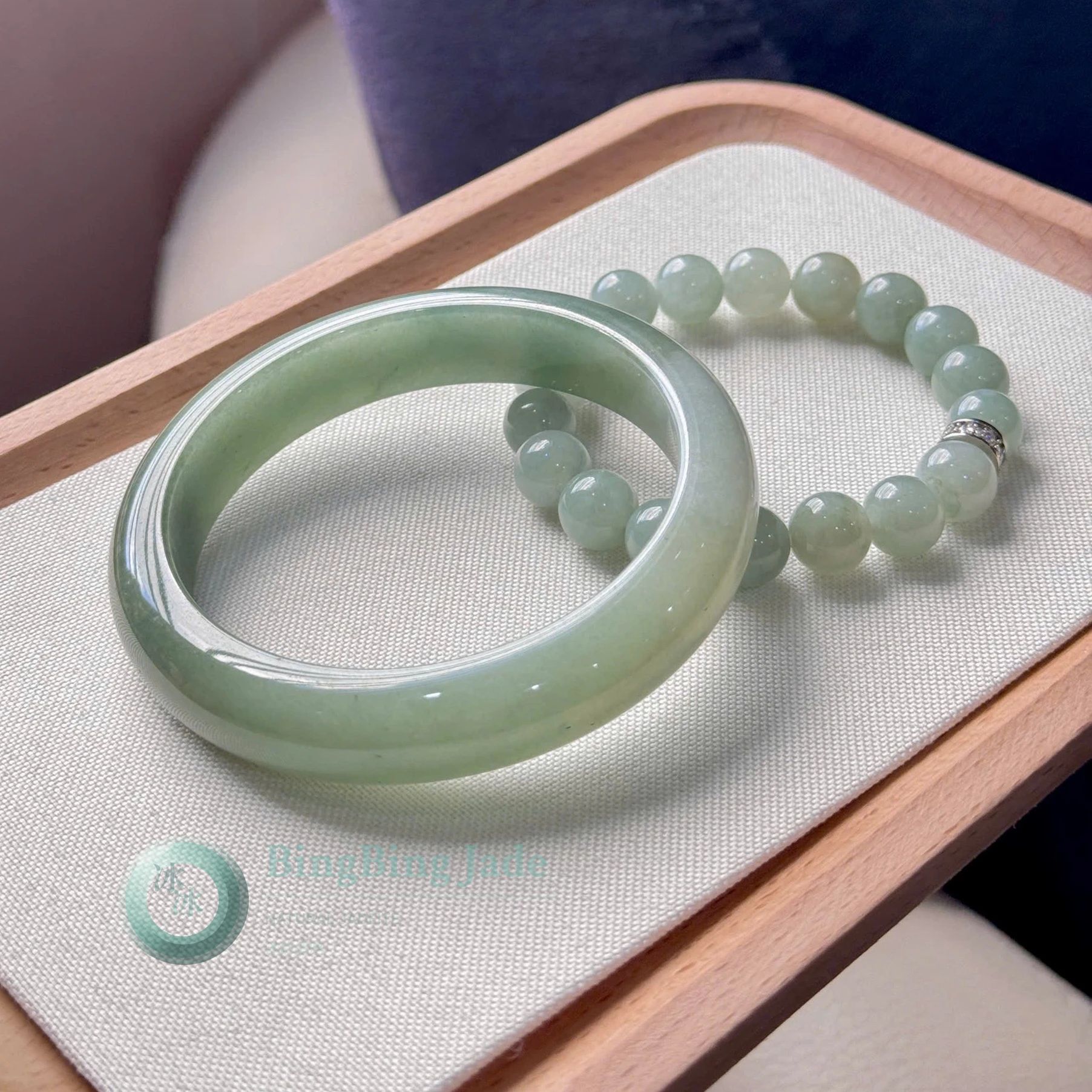 Matcha Silk Jadeite Bangle 58.9mm — Jelly Set with Beaded Bracelet
