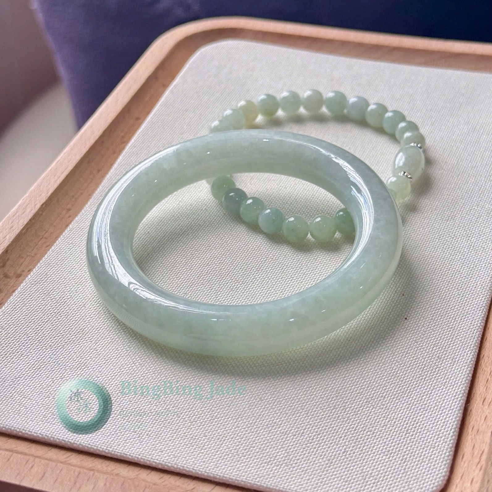 Sweet Aqua Jade Bangle Set 52mm — Soft Bloom Translucency with Beaded Companion