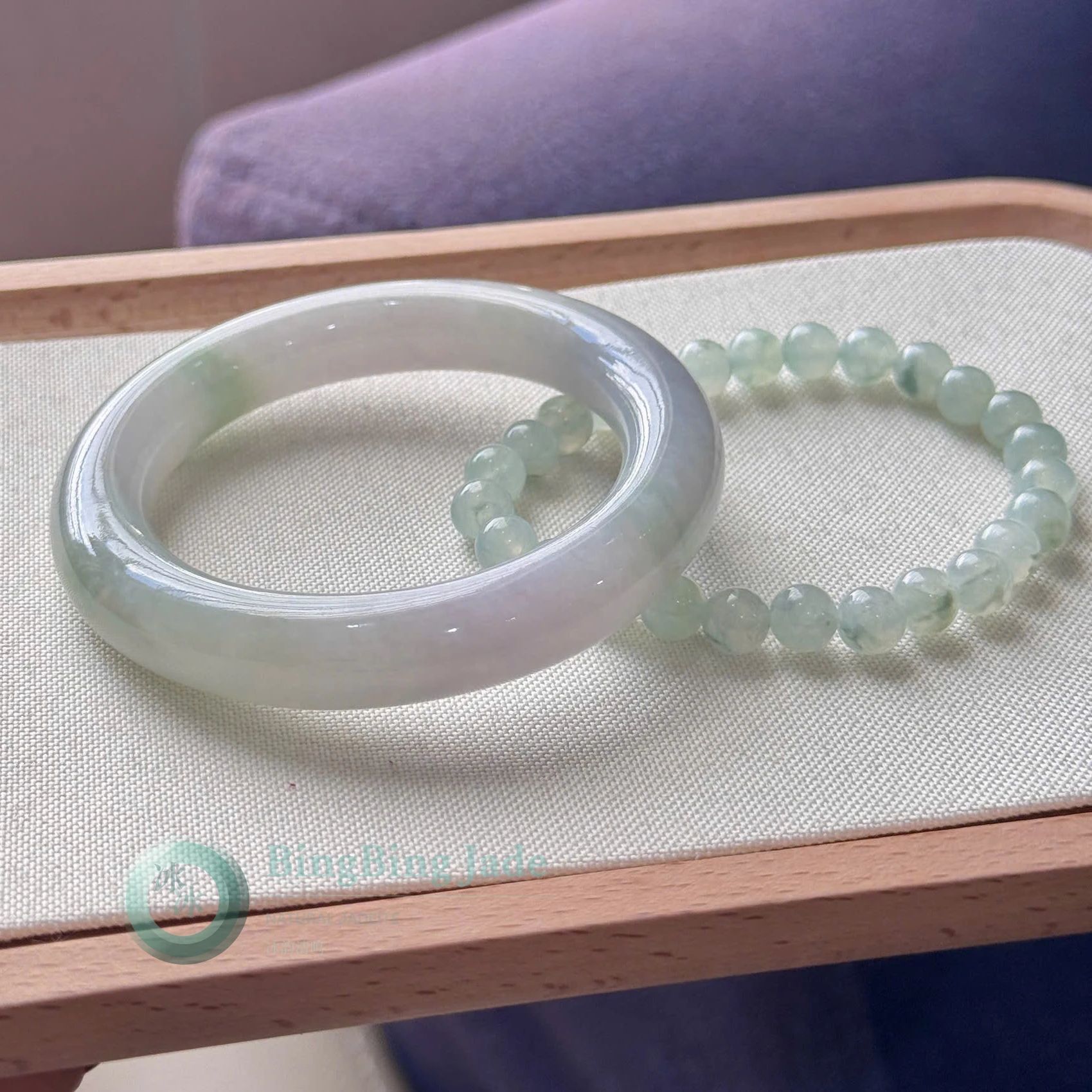 Spring Pastel Icy Glutinous Bangle 51.5mm — Soft Spring Light with Beaded Set