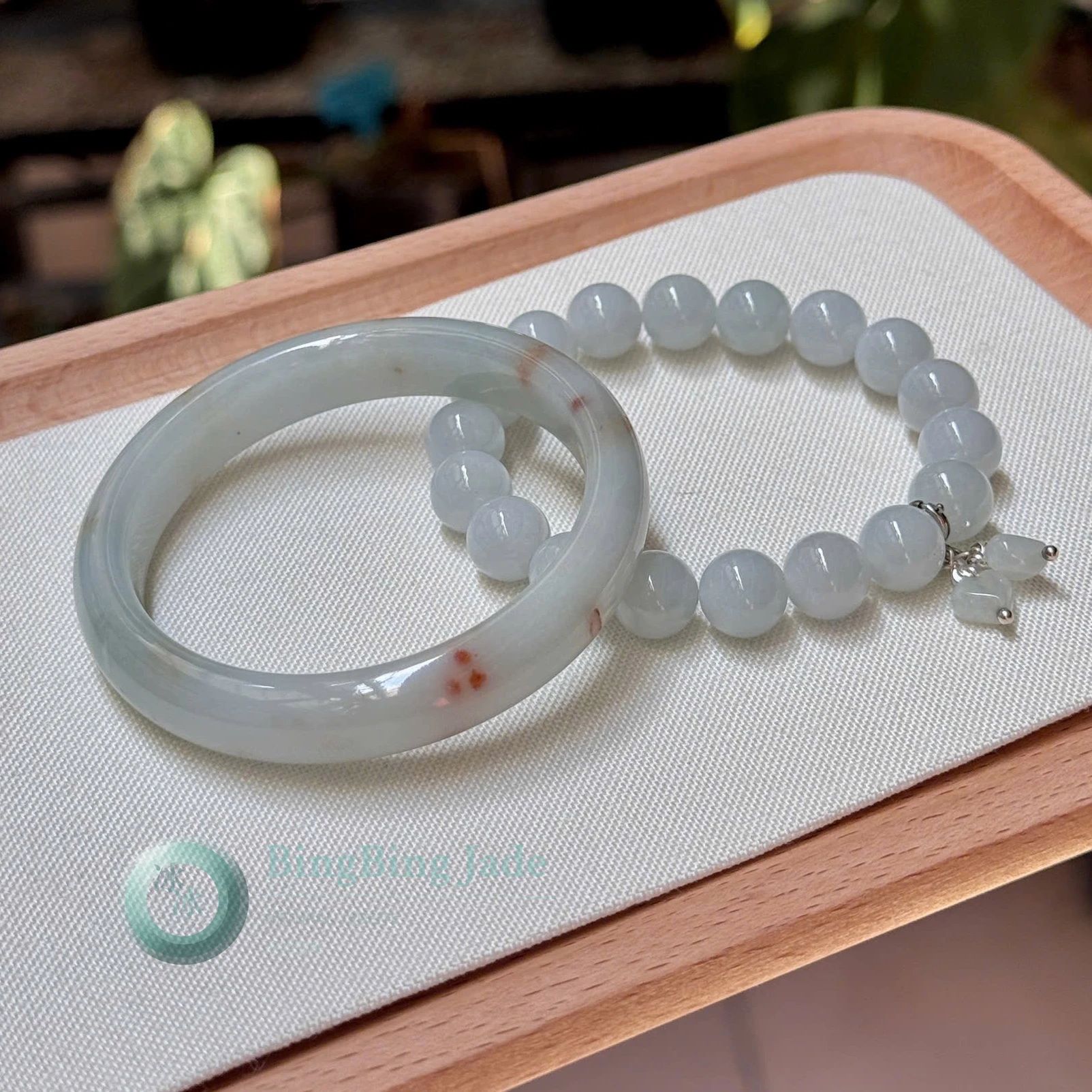 Soft Blue Mist with Cinnamon Koi Accents — Jadeite Bangle 52.5mm
